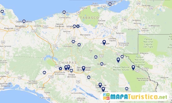 Mapa de hoteles Chiapas